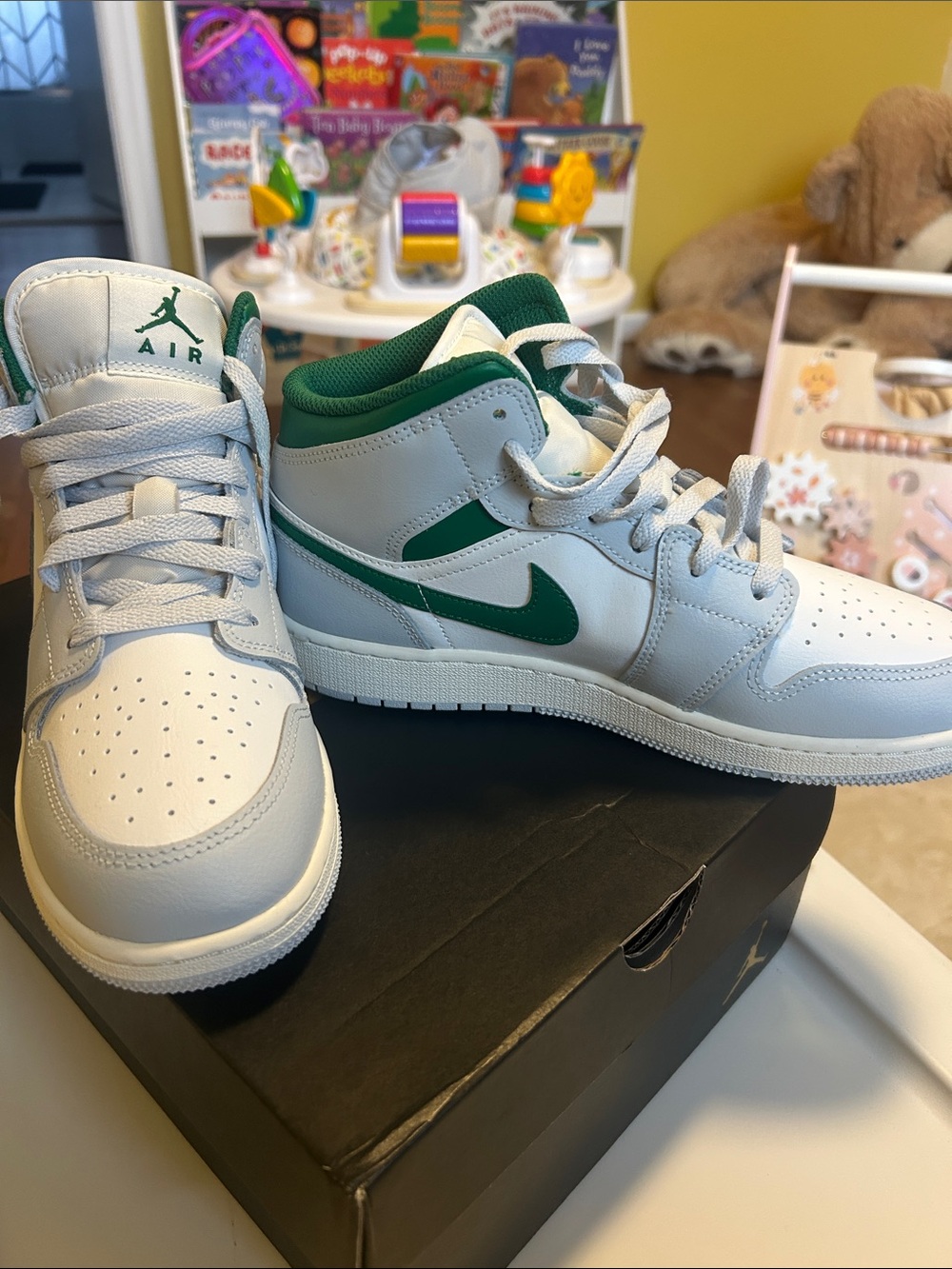 Jordan Kids White and Green Mid-Top Sneakers